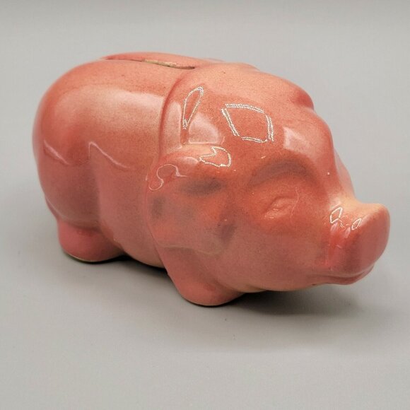Pink Sow Pig Hog Piggy Bank Ceramic Bow Around Neck Vintage - Picture 3 of 8